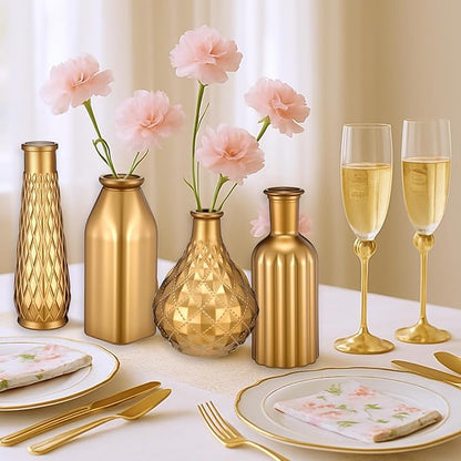 Set of 4 Gold Bud Vases - Small Gold Vases for Centerpieces, Elegant Glass Decorative Bud Vase for Wedding, Home, Table Decor with Vintage Golden Finish