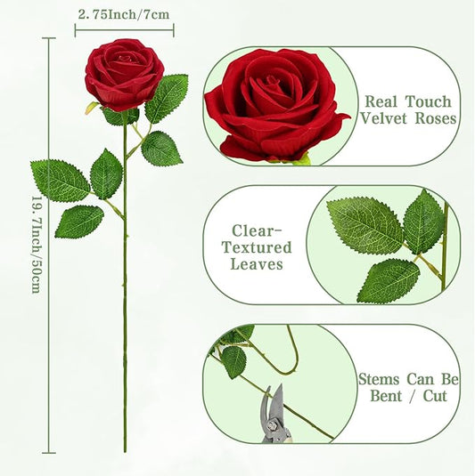 Waipfaru Red Roses Artificial Flowers Bulk, Real Touch Velvet Roses with Wrapping Paper, 50 Pcs Fake Flowers for Wedding Centerpieces Bridal Bouquet Valentines Mothers Day Decor