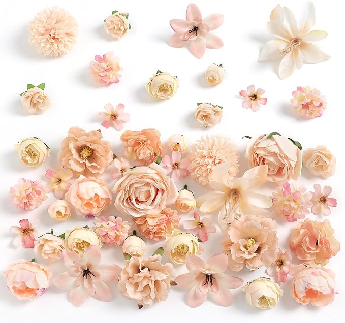 Fake Flower Heads for Crafts - Champagne Silk Artificial Roses, Peonies, Daisies & Mini Floral Heads Bulk (48-Pack) for Wedding Decor, Graduation Cap, Cake Topper, Home Decoration