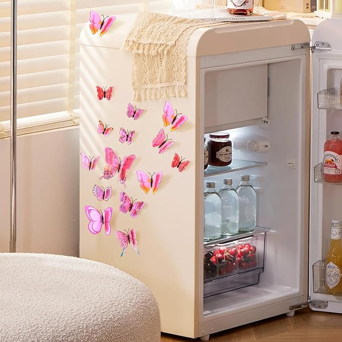 SAOROPEB 3D Butterfly Wall Decor, 48 Pcs Double Layer Butterfly Decorations for Party Decorations Locker Decor Refrigerator Decal, Reusable (Pink)