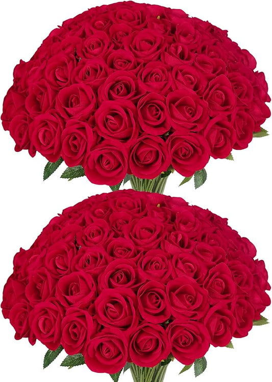 LFF Premium Artificial Classic Red Roses - 50Pcs Realistic Velvet Faux Roses with Long Stems for Wedding Bouquets, Centerpieces, Proposals & Home Decor(Red)