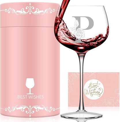 Personalized Gifts for Women, Monogrammed A-Z Wine Glass Customized Gift, Unique Christmas Birthday Gifts for Women Her Mom Friend Sister Wife Daughter Nurse (P)