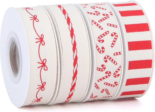 4 Rolls 20 Yards 5/8 Inch Christmas Candy Peppermint Ribbon Red and White Stripe Cotton Ribbons for Gift Wrapping, Wreath,Tree Decoration, Outdoor Deco (Red)