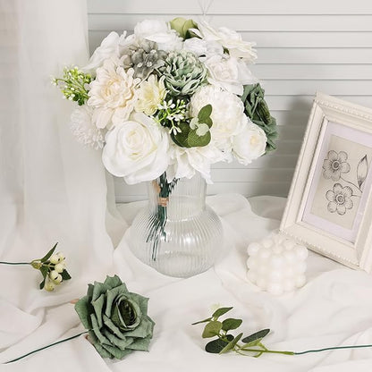 Artificial Flowers Combo Box Set Fake Flowers Dahlia White Roses Green Leaf with Stems for DIY Wedding Bouquets Baby Shower Party Home Decoration