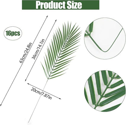 CCINEE 16 PCS Artificial Palm Leaves, Faux Large Palm Fronds Fake Tropical Plant Simulation Safari Leaves with Stems for Home Hawaiian Luau Party Jungle Beach Theme Party Decoration
