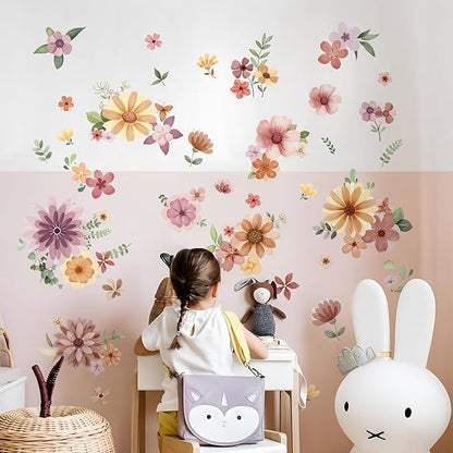 Retro Boho Wildflower Wall Stickers, Vintage Garden Floral Wall Decals 7 Sheets DIY Peel and Stick Wall Decal Self Adhesive Home Decor for Bedroom Offices Sofa TV Backdrop Wall