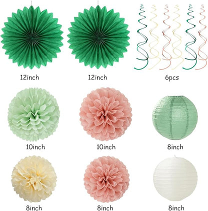 Olive Sage-Green Beige Happy-Birthday Party-Decorations - 31pcs Women Girls Adults Paper Lanterns Streamers Banner,Tissue Pom Poms Decor,Flower Fans Tassels Graland Boho Neutral Supplies Hugmoon