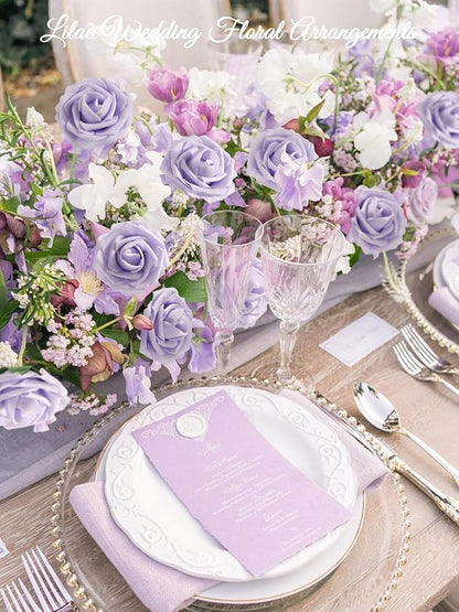 N&T NIETING Purple Artificial Flowers, 25pcs Artificial Flowers Bulk Fake Flowers Roses with Stem for DIY Wedding Bridal Bouquet Baby Shower Home Decoration, Lavender