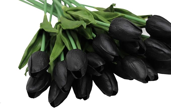 Artificial Flowers 10 Heads Mini Real Touch Artificial Tulip for Home Wedding Party Centerpiece Decoration (Black)