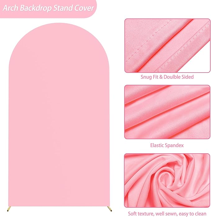 Putros 7.2ft Metal Arch Stand with Cover Pink Spandex Fitted Wedding Arch Cover and Round Top Chiara Backdrop Stand Set for Birthday Party Baby Shower Decoration