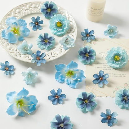 210Pcs Mini Fake Flower Heads Blue Small Silk Faux Flower Heads Artificial Rose Daisy Multicolor Flowers Bulk for Cake Crafts DIY Graduation Cap Wedding Hair Dresses Wreath Party Home Decor