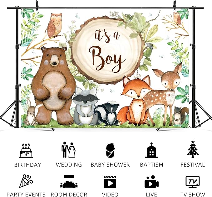 10x8ft Woodland Baby Shower Backdrop It's a Boy Photography Background Jungle Green Grass Leaves Animals Bear Fox Deer Baby Boys Party Banner Decorations Newborn Portrait Photo Booth Prop