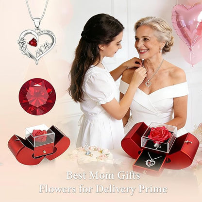 Preserved Rose Mother Gifts for Mom from Daughter Birthday Gift for Mum from Son Forever Red Roses with Mom Rose Heart Necklace for Grandma Mama Nana I Love You
