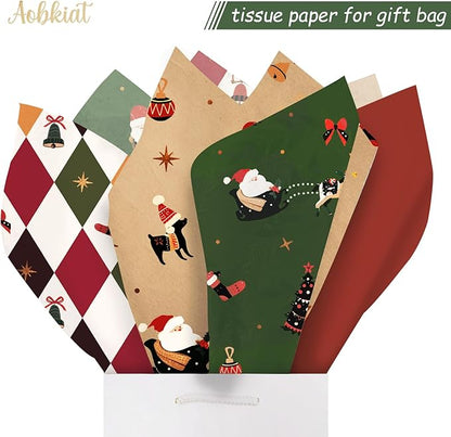 Aobkiat Christmas Tissue Paper for Bags,24 Sheets Red Green Santa Claus Reindeer Styles Gift Wrap Paper for Present Package,Wrapping Xmas Gift/Wine Bottles,DIY Craft,20×15inch/Sheets