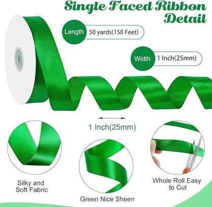 Green Ribbon 1 Inch 50 Yards Christmas Satin Ribbon for Holiday Decor Christmas Craft Nature Irish Party Gift Wrapping Xmas Decorations