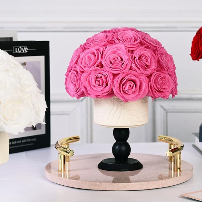 Luxury Preserved Flowers Blooms with Ceramic Base, Mushroom Shape Forever Eternal Natural Rose Gift Box for Home Table Decoration, Girlfriend Wife family Valentines Mothers Day Birthday (Pink)