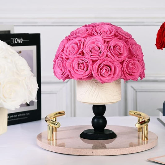 Luxury Preserved Flowers Blooms with Ceramic Base, Mushroom Shape Forever Eternal Natural Rose Gift Box for Home Table Decoration, Girlfriend Wife family Valentines Mothers Day Birthday (Pink)