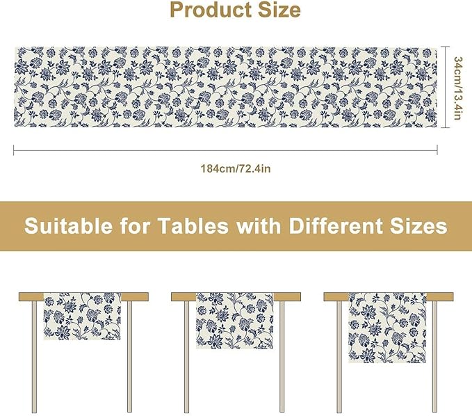 Boho Floral Table Runner, Navy Blue Paisley Flower Traditional Porcelain Vintage Decor Table Runner for Kitchen Dining Party, 13x36 Inch