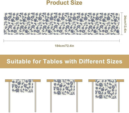 Boho Floral Table Runner, Navy Blue Paisley Flower Traditional Porcelain Vintage Decor Table Runner for Kitchen Dining Party, 13x60 Inch