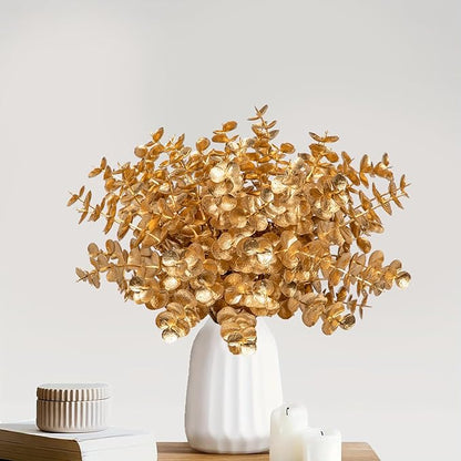 Artificial Gold Eucalyptus Stems 4 Pcs Christmas Fake Fall Flower Arrangement Faux Floral Decor for Home Table Centerpieces Wedding Party Autumn Bouquet Home Farmhouse Vase
