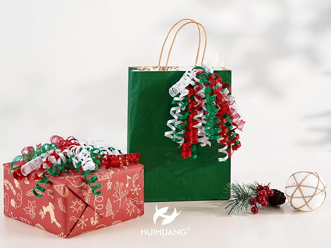 HUIHUANG Christmas Bows for Gift Wrapping Red/White/Green Curly Bows with Self Adhesive & Twist Tie, 7 inch X-mas Ribbon Bow for Presents, Gift Basket, Fall Decor, Party Favors- 6 Counts