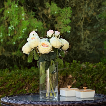 ENOVA FLORAL 9 Heads Silk Rose Artificial Flowers in Vase,Faux Rose Flowers Arrangement in Vase with Faux Water for Table Decor Centerpieces (Champagne)