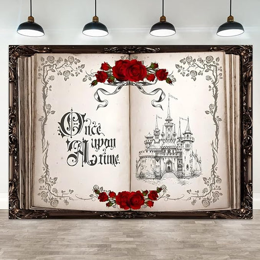 5x3ft Once Upon a Time Backdrop Princess Castle Wedding Party Photography Background Fairytale Book Romantic Story Red Roses Bridal Shower Decorations Birthday Portrait Photo Booth Prop