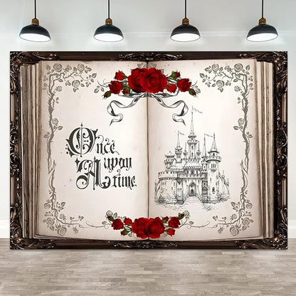 12x6ft Once Upon a Time Backdrop Princess Castle Wedding Party Photography Background Fairytale Book Romantic Story Red Roses Bridal Shower Decorations Birthday Portrait Photo Booth Prop