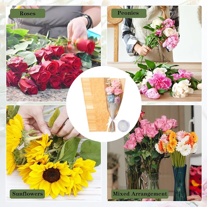 HSONAIGEE 50 Pieces Flower Bouquet Wrapping Paper, 17.7 x 9.5 Inch Small Flower Bags for Bouquets Kraft Floral Wrap Sleeves with Ribbons for Home Mother’s Day Wedding Flower Bar Supplies