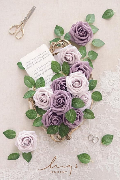 Ling's moment Artificial Flowers 25Pcs Dusty Violet Roses Decor w/Stems,3" Real Touch DIY Foam Floral for Wedding Bouquet/Centerpieces, Outdoors Party Backdrop, Room/Table, and Garden/Pot Decorations