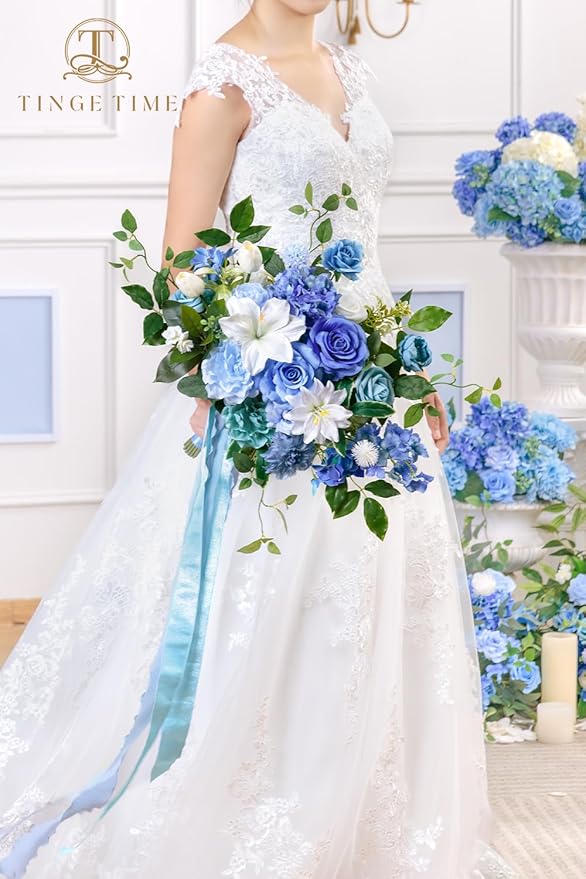 TINGE TIME 13 Inch Wedding Bouquets for Bride,Bridal Bouquet for Bride, Artificial Silk Flowers for Wedding Ceremony and Anniversary (Provence Blue)