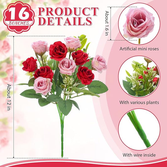 Zeyune 16 Bunches 12 Inch Artificial Mini Rose Bouquet 160 Heads Bridal Flower Bouquets Fake Silk Rose Bulk for Wedding Bridal Shower Christmas Home Office Garden Decoration(Pink and Red)