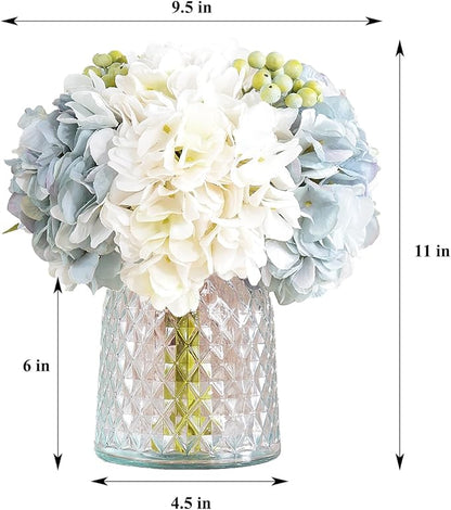 Wracra Hydrangeas Floral Arrangement in Glass Vase, Fake Flowers Silk Hydrangea Artificial Flowers with Vase for Home Office Decoration, Dining Table Centerpiece