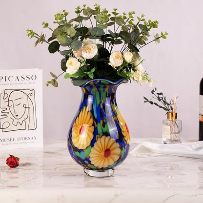 KAMMAK Colored Glass Vase, Beautiful Hand Blown Decorative Vase, Modern Art Vase for Flower Mantle Dining Table Centerpiece, Entryway Living Room Wedding Decoration, FH023
