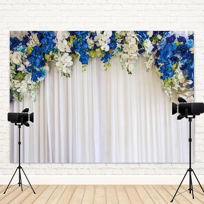 5x3ft White Wedding Backdrop White Blue Floral Flowers Photography Background Bride Groom Ceremony Party Bridal Shower Banner Decorations Engagement Proposal Portrait Photo Booth Prop