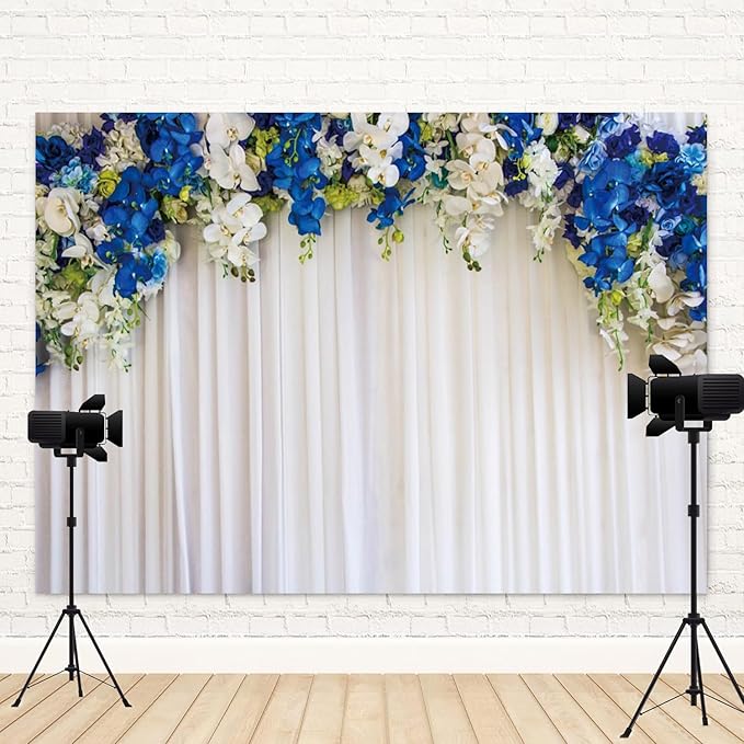 6x4ft White Wedding Backdrop White Blue Floral Flowers Photography Background Bride Groom Ceremony Party Bridal Shower Banner Decorations Engagement Proposal Portrait Photo Booth Prop