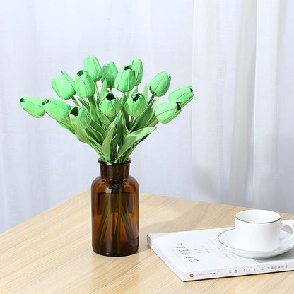 SITUMEIZI 15pcs Green Tulips Fake Artificial Flowers Real Touch 14" Silk Flower for Home Decor Easter Spring Wedding Bouquet Decorations Mother's Gift Day Floral Arrangements