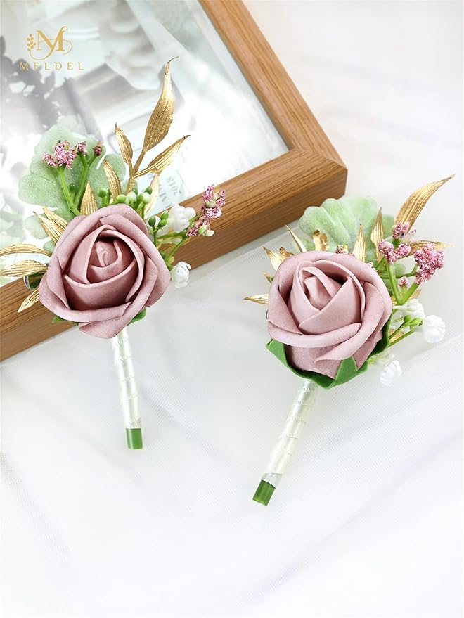 Meldel Dusty Rose Pink Boutonniere for Men Wedding, Set of 6, Groom Groomsman Boutonniere, Mens Boutonnieres for Wedding Prom Ceremony Anniversary Party Homecoming