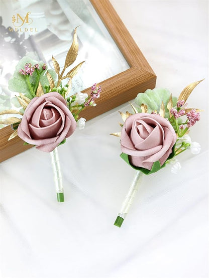 Meldel Dusty Rose Pink Boutonniere for Men Wedding, Set of 6, Groom Groomsman Boutonniere, Mens Boutonnieres for Wedding Prom Ceremony Anniversary Party Homecoming
