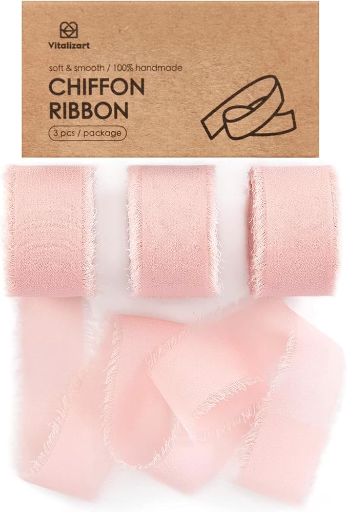Vitalizart Blush Pink Chiffon Silk Ribbon 1" x 21 Yd Fringe Fabric Package (3 Rolls * 7 Yd) for Wedding Invitations Bridal Bouquets Decorations Gifts Wrapping & Bow Making Light Pink