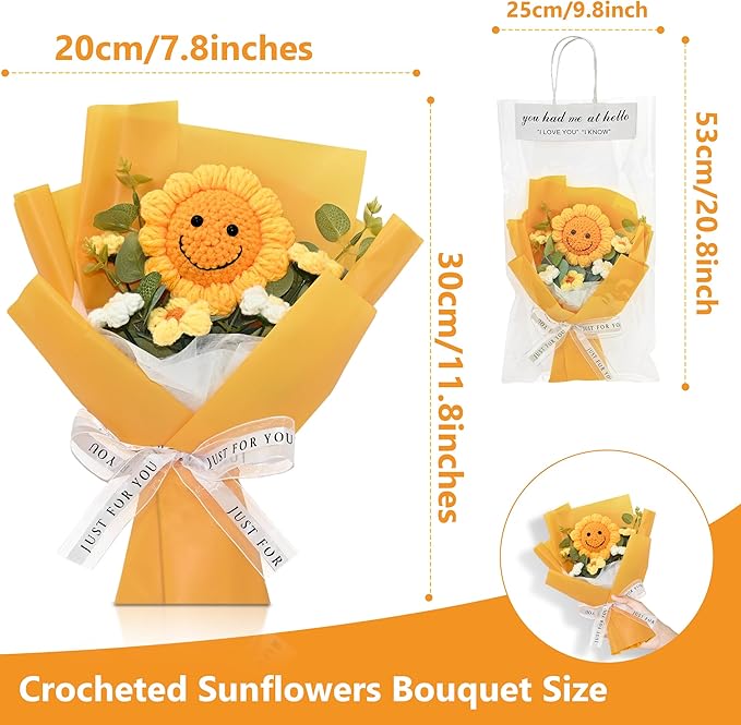 Handmade Crochet Flower Bouquet – Finished Knitted Sunflower & Daisy Flowers, Faux Floral Arrangement, Ready-to-Gift for Mother’s Day, Teachers, Graduation, Birthday, Wedding, Home & Office Décor