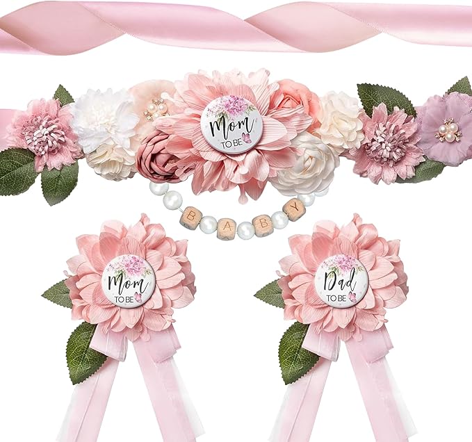 Baby in Bloom Baby Shower Decorations - Adjustable Wildflower Theme Maternity Belt with Pink Flowers Baby Shower Decorations, Gender Reveal Party Supplies for Mom to Be