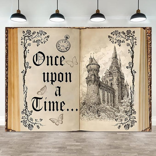 15x10ft Once Upon a Time Backdrop Fairy Tale Books Castle Princess Photography Background Once Upon a Time Birthday Baby Shower Decoration Storybook Wedding Party Banner