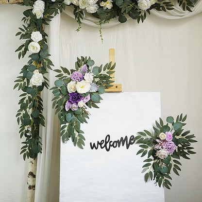 Purple White Wedding Arch Flowers, Faux Flower Swag Set of 2, Purple Floral Swag for Wedding Arch Welcome Signs, Reception Ceremony Signs Decor