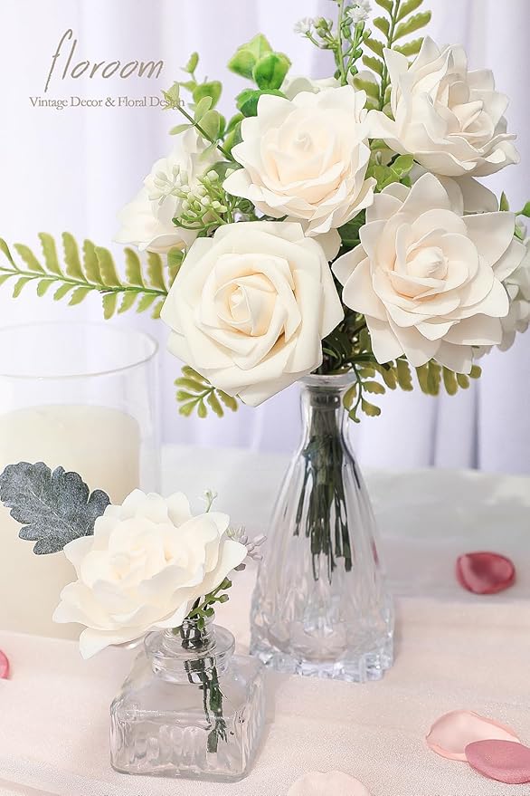 Floroom Artificial Gardenia Flowers 2.7" 25pcs Real Looking Cream Foam Fake Flowers with Stems for DIY Wedding Bouquets Bridal Shower Centerpieces Floral Arrangements Party Tables Home Decorations