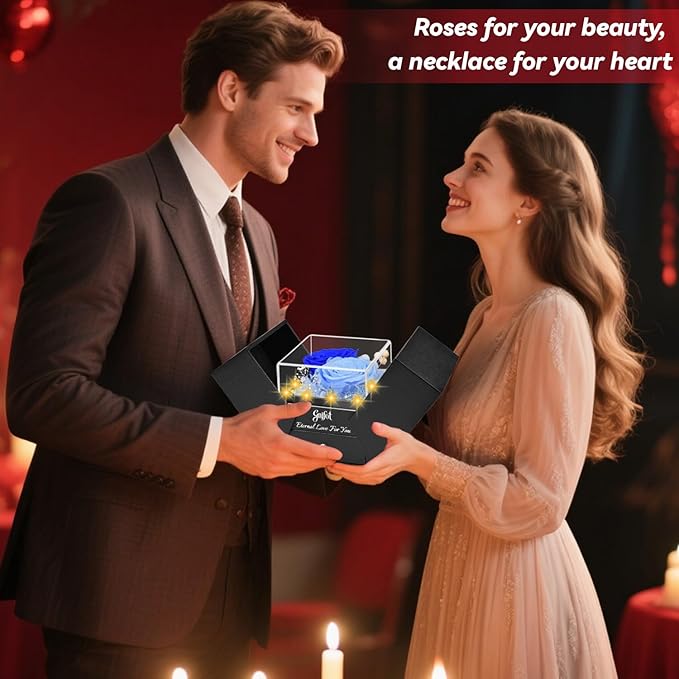2 Preserved Rose Gift for Women - Eternal Rose with I Love You Necklace - Romantic Birthday Gifts for Girlfriend Mom Her Wife Grandma on Valentines Mothers Day Anniversary Christmas-Blue