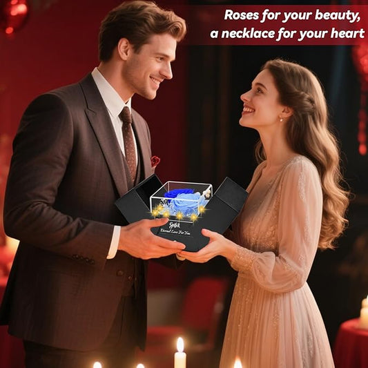 2 Preserved Rose Gift for Women - Eternal Rose with I Love You Necklace - Romantic Birthday Gifts for Girlfriend Mom Her Wife Grandma on Valentines Mothers Day Anniversary Christmas-Blue