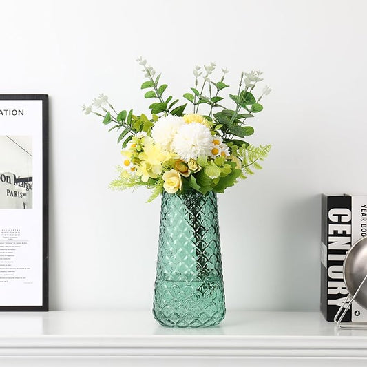 Glass Vase, Green Flower Vase for Bouquet, Large Glass Vases for Flowers, Modern Vases for Living Room, Bedroom, Dining Table, Office, Kitchen, Wedding, 9 Inches