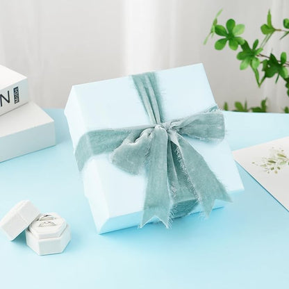 Dusty Blue Silk Velvet Ribbon 1.5 Inch French Blue Frayed Edge Ribbon Blue Rustic Style Fringe Gift Raw Edge Boho Velvet for Wedding Invitation Bridal Bouquet -3yards
