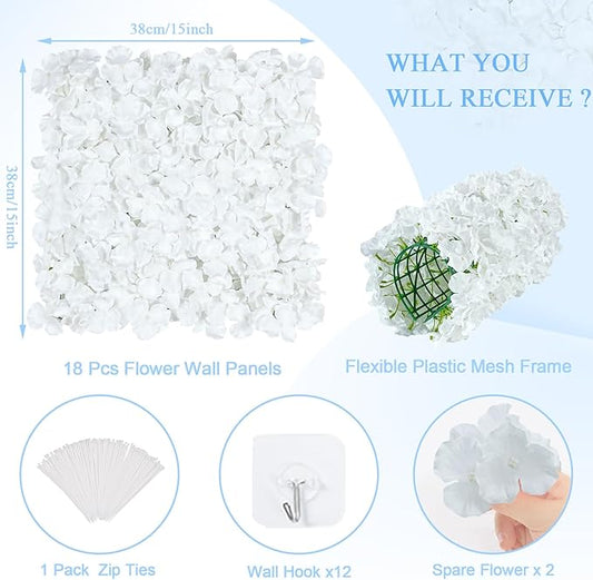 Flower Wall Panels White Backdrop: Artificial Flower Wall Backdrop 3.75ft x 7.5ft Hydrangea Floral Wall for Wedding Party Decoration (18 Pcs 15 x 15 Inch)